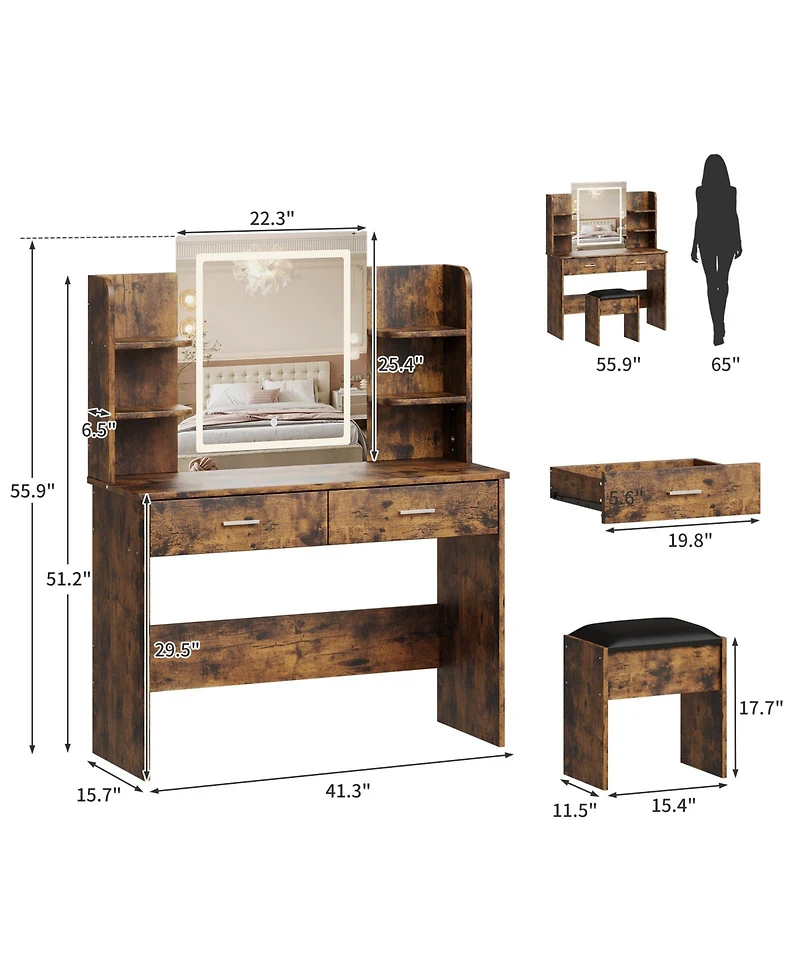 Homfan Makeup Vanity Desk with Mirror and Led Lights, 6 Storage Shelves, 2 Drawers, Cushioned Stool, Built-in Power Outlet, Dressing Room Table Set