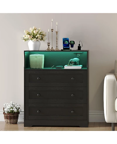 gaomon 3 Drawer Tall Dresser with Led Lights and Charging Station, Wood Storage Cabinet Nightstand