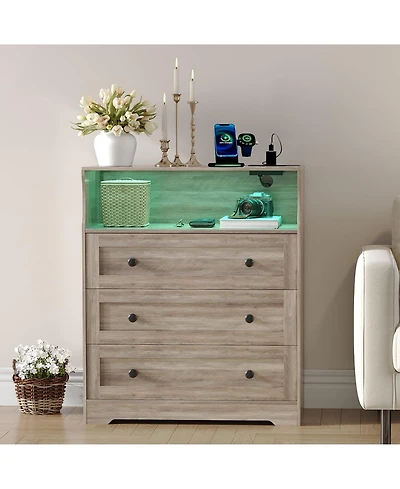 gaomon 3 Drawer Tall Dresser with Led Lights and Charging Station, Wood Storage Cabinet Nightstand