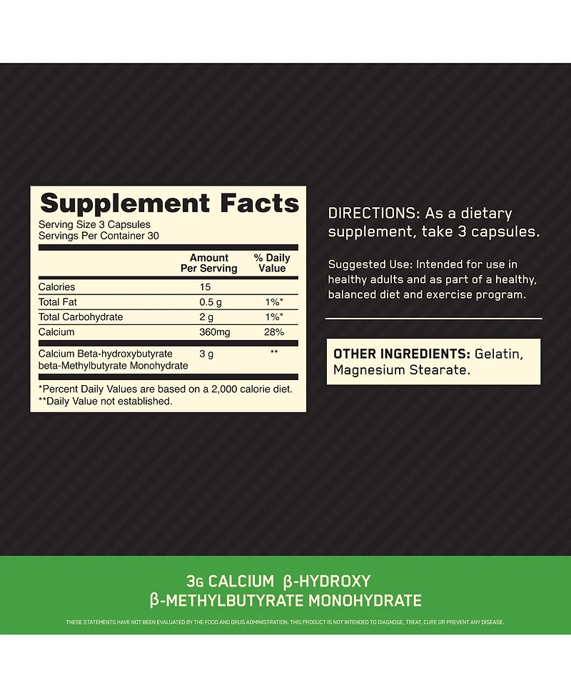 Optimum Nutrition Hmb 1000 Caps, 1g of Calcium beta-Hydroxy beta-methylbutyrate per Capsule, 90 Capsules, 30 Servings