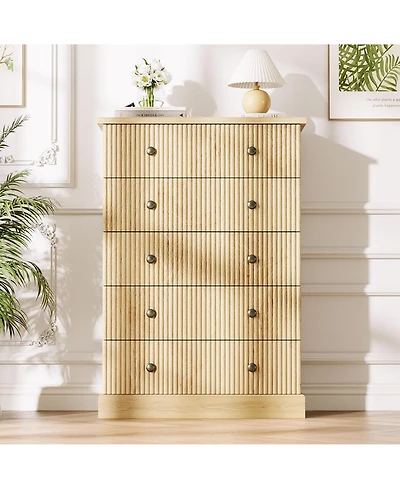 gaomon 5 Drawer Fluted Dresser, Slim Vertical Wood Chest with Metal Handles for Bedroom Apartment Guest Room