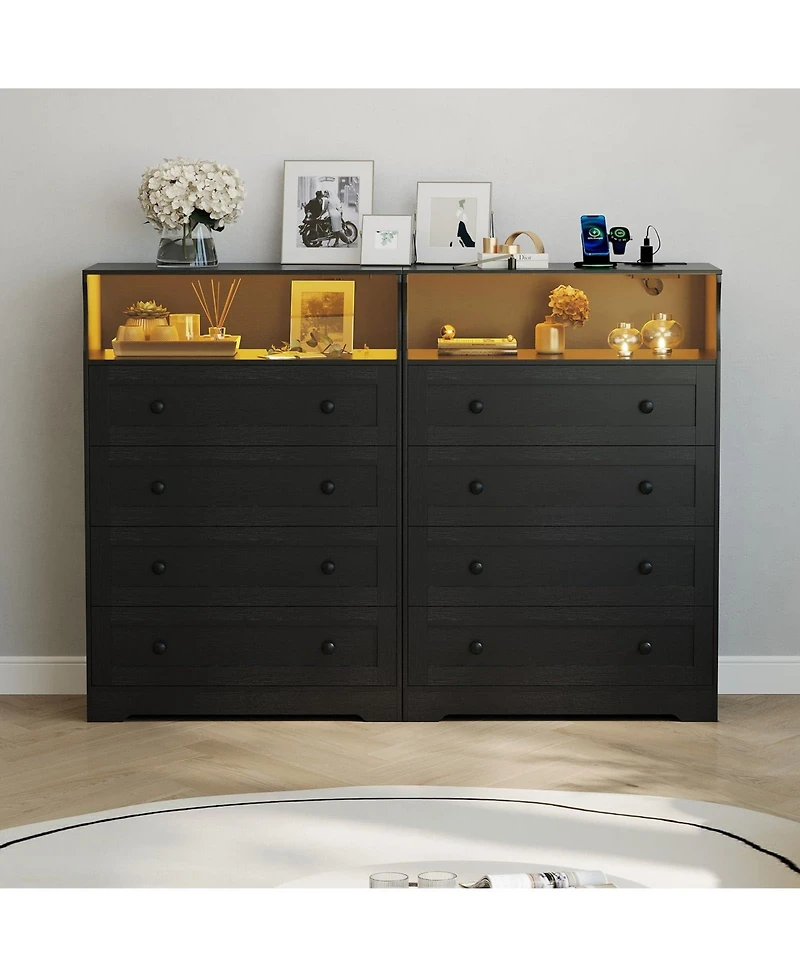 gaomon 4 Drawer Tall Dresser with Led Lights and Charging Station, Wood Storage Cabinet Nightstand