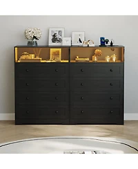 gaomon 4 Drawer Tall Dresser with Led Lights and Charging Station, Wood Storage Cabinet Nightstand