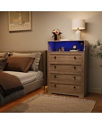 gaomon 4 Drawer Tall Dresser with Led Lights and Charging Station, Wood Storage Cabinet Nightstand