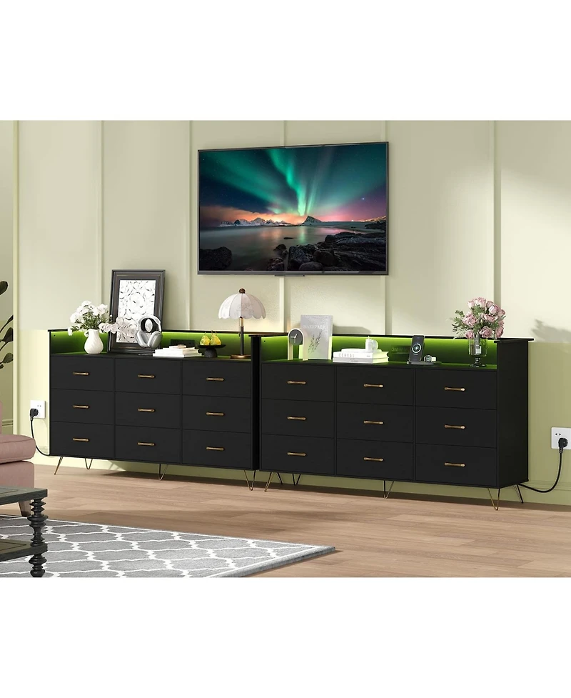 gaomon 9 Drawer Wood Dresser with Led Lights and Charging Station, App Controlled Storage Cabinet