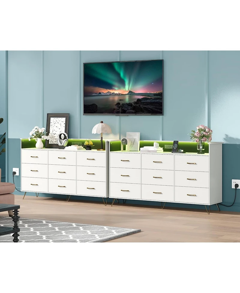gaomon 9 Drawer Wood Dresser with Led Lights and Charging Station, App Controlled Storage Cabinet