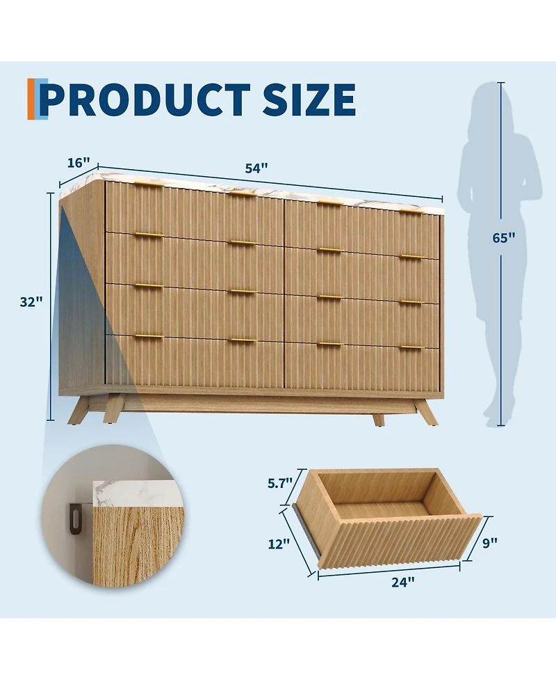 gaomon 54" Fluted 8 Drawer Dresser with Curved Design and Metal Handles, Wood Storage Chest