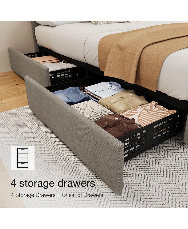 homfan Upholstered Platform Bed Frame with 4 Storage Drawers and Adjustable Diamond-Tufted Headboard, No Box Spring Needed