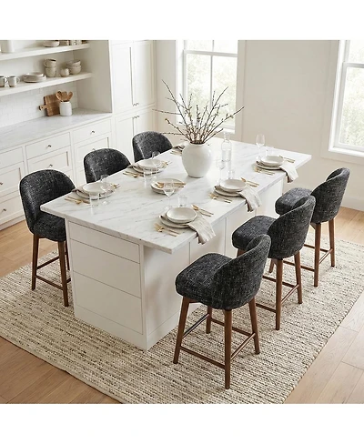 Maison Boucle Walnut Wood Swivel Counter Height Stools Set of 6, Chenille, Armless