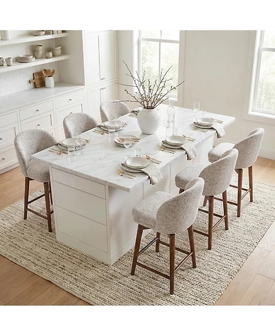 Maison Boucle Walnut Wood Swivel Counter Height Stools Set of 6, Chenille, Armless