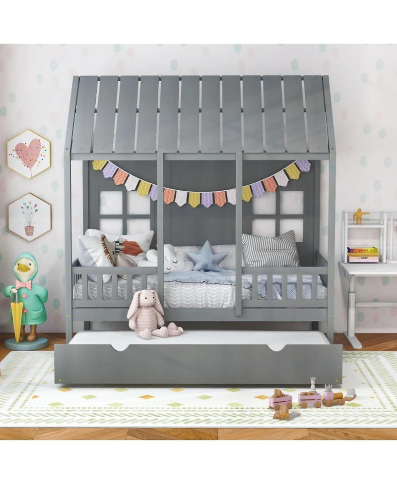 Gouun House Bed Frame with Pull-Out Trundle and 82-Inch Roof