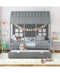 Gouun House Bed Frame with Pull-Out Trundle and 82-Inch Roof