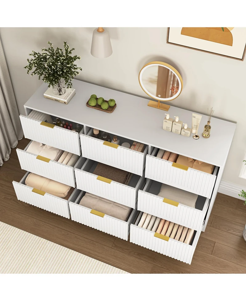 Rainsken 63" Wide Modern Fluted Dresser,with 9 Drawers, with Smooth Slides and Gold Handles, for Bedroom Living Room