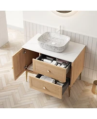 Sillysis 36 Inch Modern Bathroom Vanity with Ceramic Basin, Sintered Stone Countertop, 2 Drawers and 1 Door