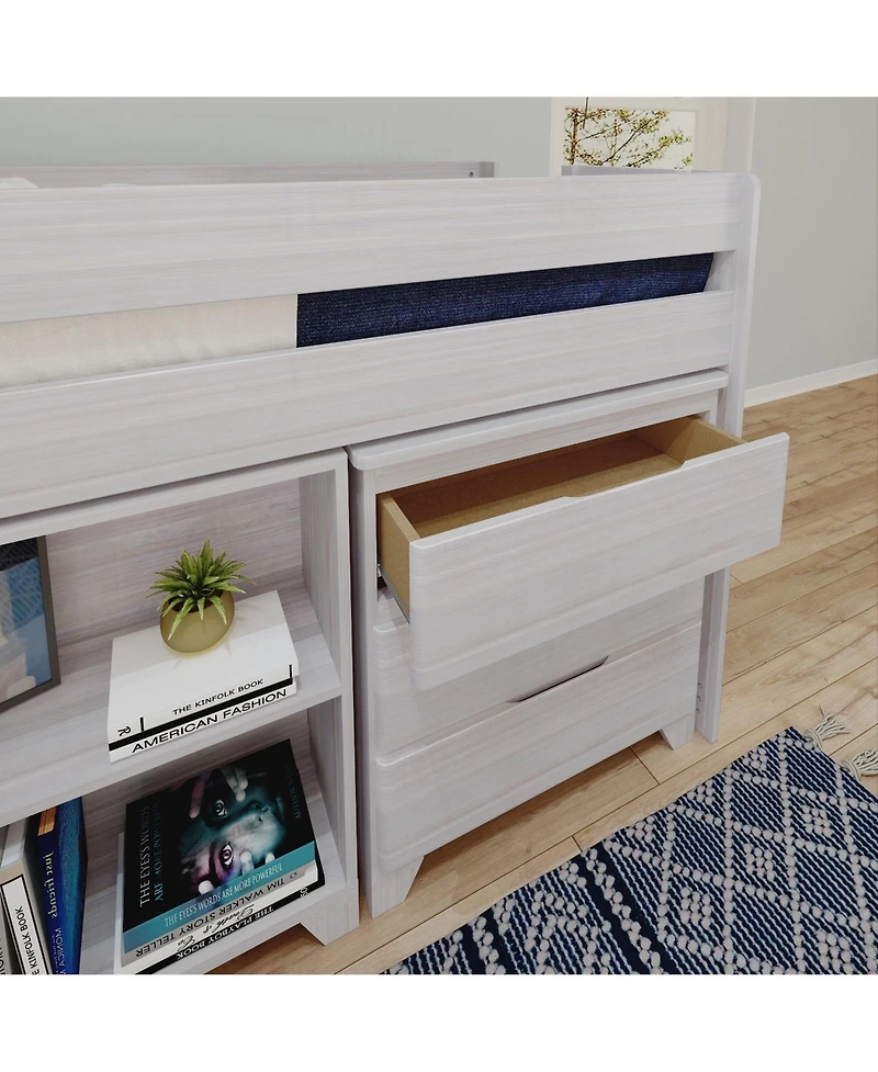 Max & Lily Modern Farmhouse Low Loft Bed, Twin Bed Frame for Kids with 3-Drawer Dresser, 2-Shelf Bookcase and Hook-on Desk