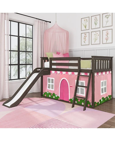 Max & Lily Low Bunk With Easy Slide and Light Pink White Farmhouse Curtain