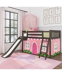 Max & Lily Low Bunk With Easy Slide and Light Pink White Farmhouse Curtain