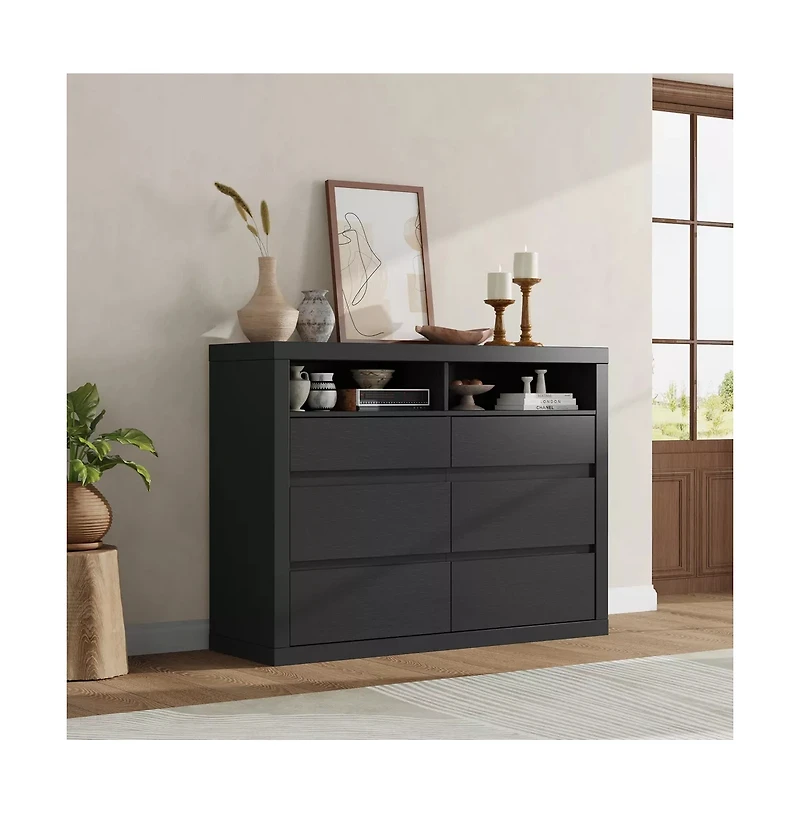 gaomon 6 Drawer Modern Wooden Dresser with 2 Open Shelves, 47" Wide Handleless Storage Chest for Bedroom