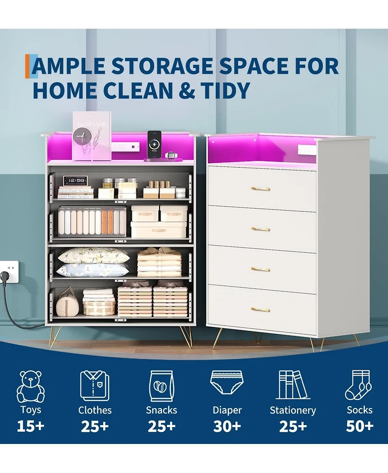 gaomon Tall 4 Drawer Dresser with Rgb Led Lights and Charging Station, App Controlled Storage Cabinet for Bedroom