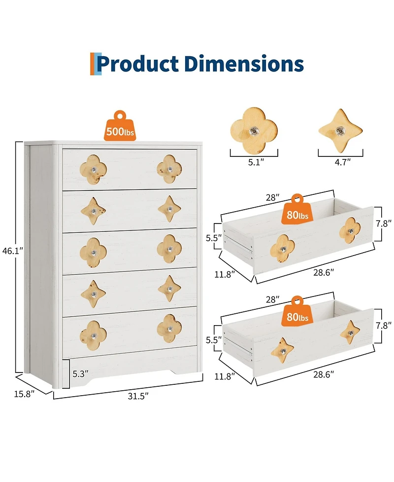 gaomon 46.1" Tall 5 Drawer Wood Dresser with Decorative Fronts and Crystal Knobs, Narrow Storage Chest