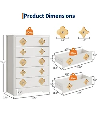 gaomon 46.1" Tall 5 Drawer Wood Dresser with Decorative Fronts and Crystal Knobs, Narrow Storage Chest