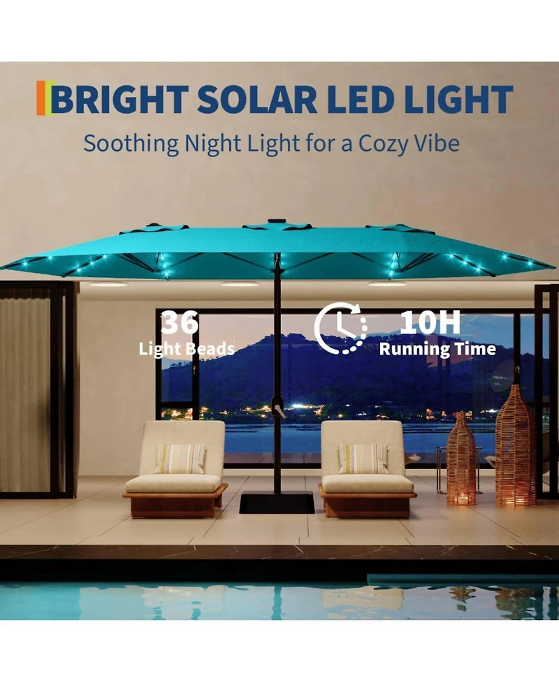 Gaomon Outdoor 15FT Double-Sided Rectangular Patio Umbrella with Base and 36 Solar Led Lights for Pool, Lawn