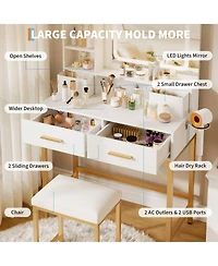 Homfan Makeup Vanity Desk with 3-Color Lights, 4 Drawers, 2 Shelves, Built-In Charging Station, Led Table for Bedroom, Dressing Room