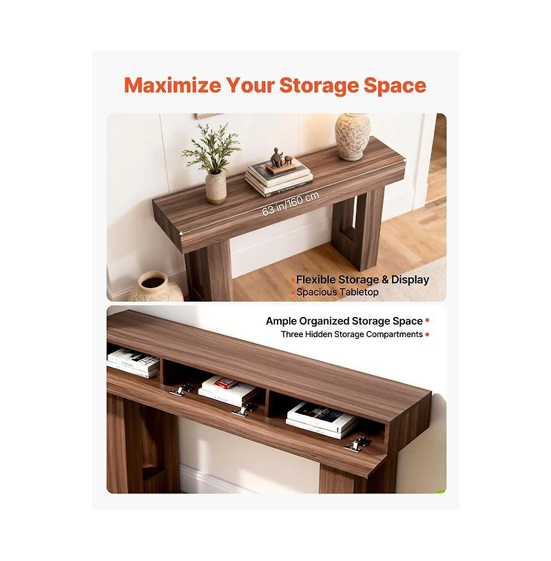 Sugift 63 Inch Console Table Farmhouse Desk Behind the Couch Wooden Rectangle