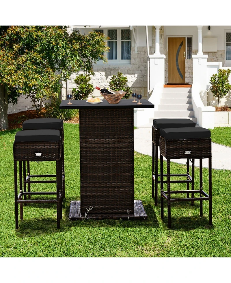 Gouun 5-Piece Outdoor Pe Rattan Patio Bar Set with 4 Cushioned Stools and Hidden Storage Shelf