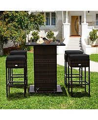Gouun 5-Piece Outdoor Pe Rattan Patio Bar Set with 4 Cushioned Stools and Hidden Storage Shelf