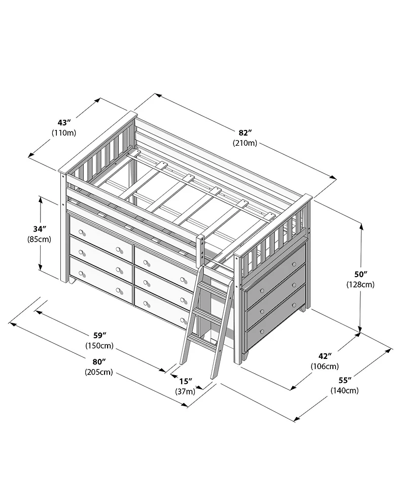 Max & Lily Twin-Size Low Loft with Pull-Out Desk and 3-Drawer Dressers