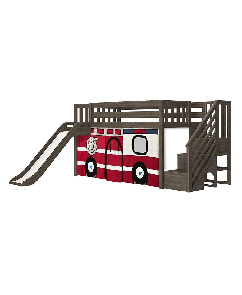 Max & Lily Low Loft With Stairs, Easy Slide and Firetruck Curtain