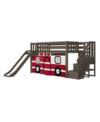Max & Lily Low Loft With Stairs, Easy Slide and Firetruck Curtain