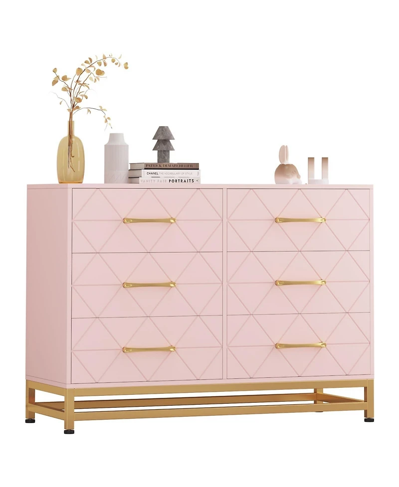 gaomon 6 Drawer Wood Dresser for Bedroom, Modern Storage Chest with Gold Handles and Metal Base