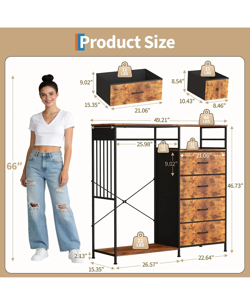gaomon 49.2" Dresser with Hanging Rack, 6 Fabric Drawers, Led Lights and Charging Station Storage Organizer