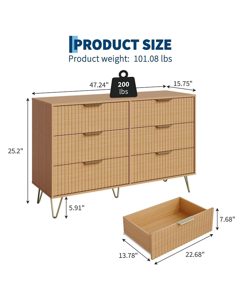 gaomon Fluted 6 Drawer Dresser for Bedroom, 47" Wide Wood Chest with Metal Handles Storage Cabinet