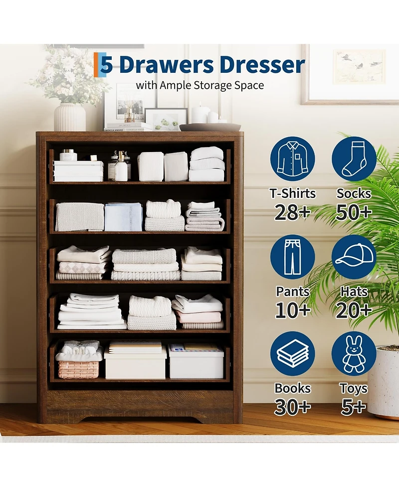 gaomon 46.1" Tall 5 Drawer Wood Dresser with Decorative Fronts and Crystal Knobs, Narrow Storage Chest