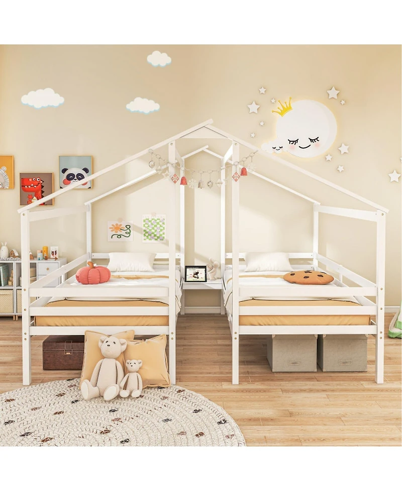 Gouun Double Twin Wood House Bed Set with Shared Built-In Nightstand and Usb Charging