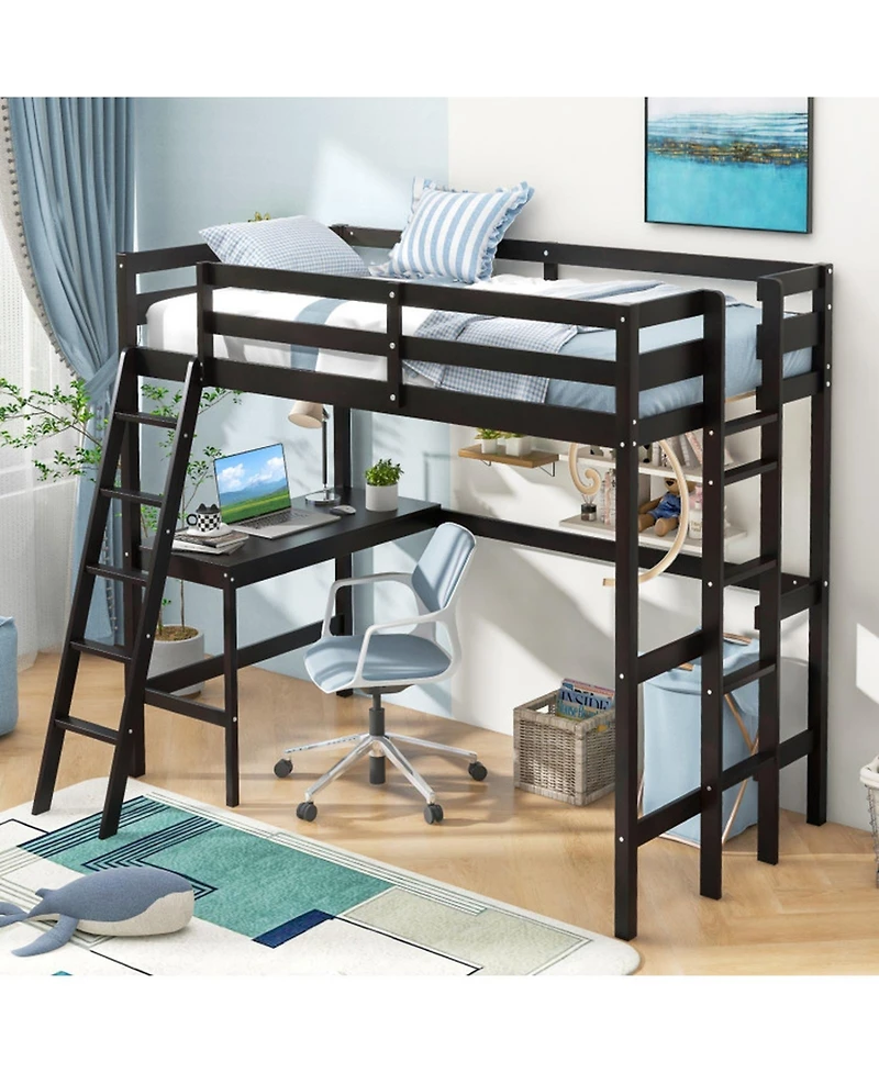 Gouun Twin Loft Bed with Angled Built-In Desk and Ladder