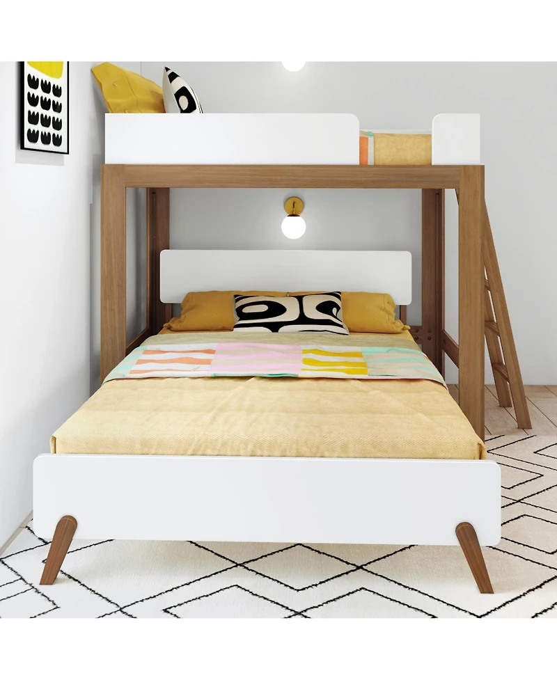 Max & Lily Mid-Century Modern L-Shaped Twin Over Queen Bunk Bed With Ladder on End