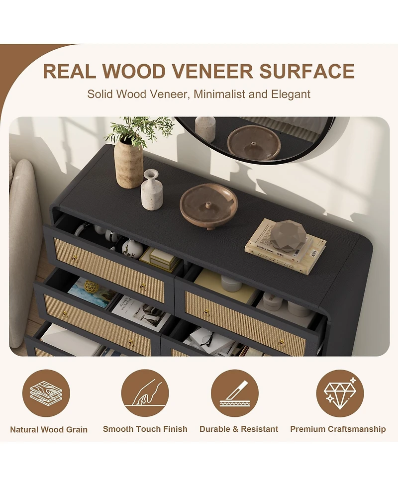 gaomon 6 Drawer Rattan Dresser with Rounded Corners, 46" Wide Modern Wooden Storage Cabinet for Bedroom Living Room