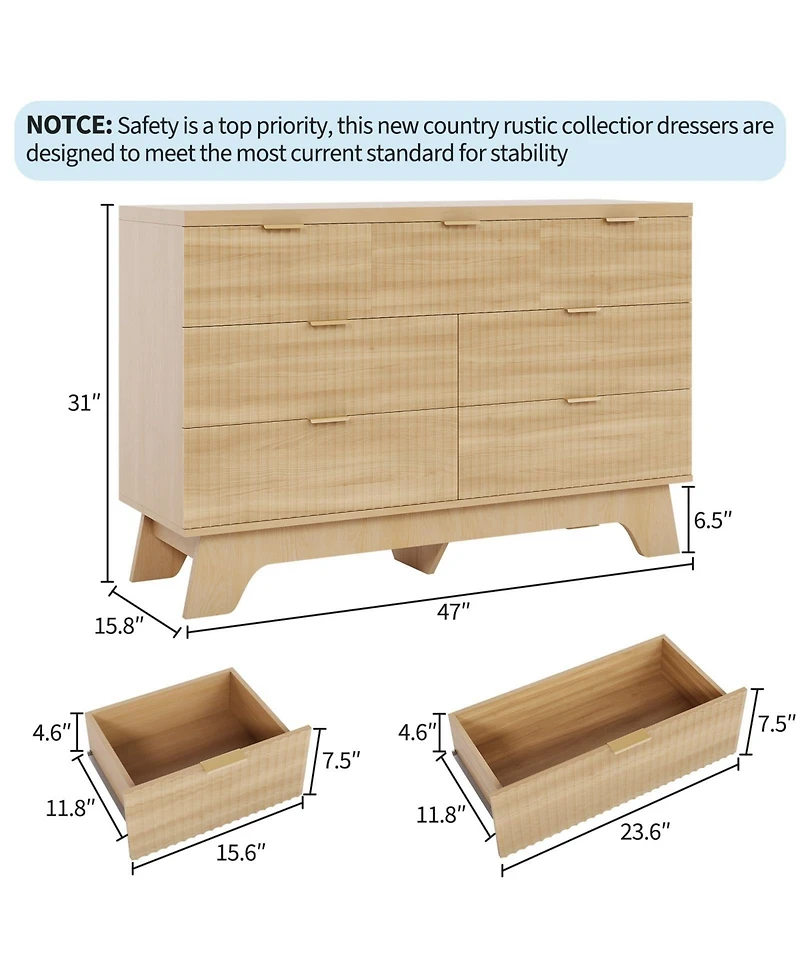 gaomon 47" Mid-Century Fluted 7 Drawer Dresser with Gold Handles, Wood Storage Chest