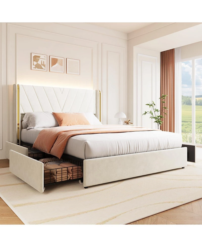 gaomon Velvet Upholstered Bed Frame with Led Lights, 4 Drawers, Wingback Headboard and Charging Station, No Box Spring