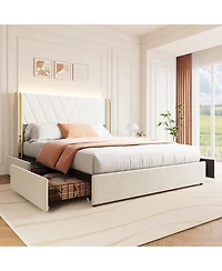 gaomon Velvet Upholstered Bed Frame with Led Lights, 4 Drawers, Wingback Headboard and Charging Station, No Box Spring