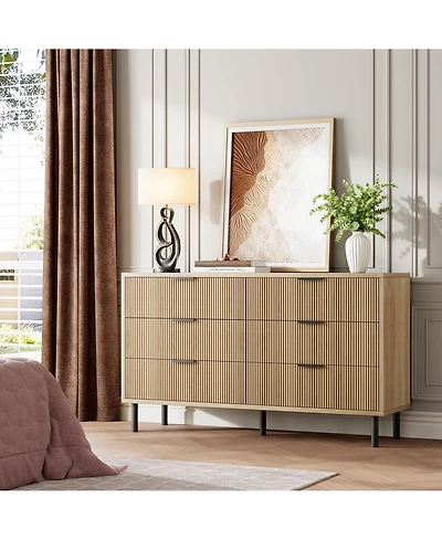gaomon 6-Drawer Fluted Dresser for Bedroom, Modern Wide Chest of Drawers with Metal Legs Storage Cabinet
