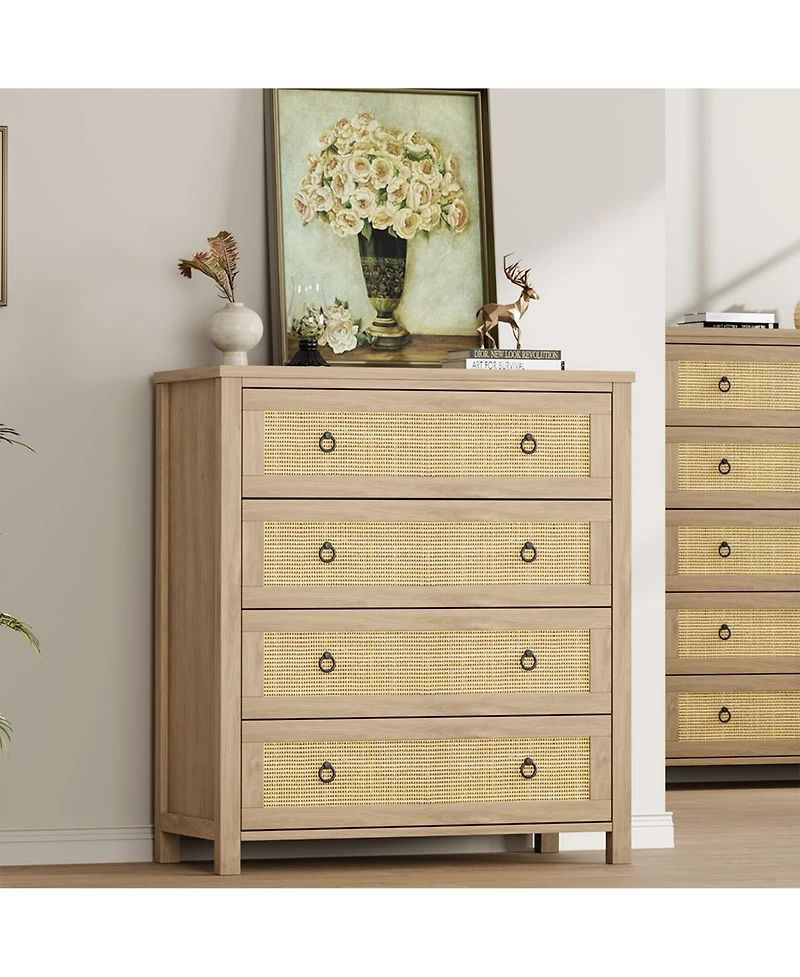 gaomon Rattan 4 Drawer Dresser, 37" Tall Wooden Storage Chest for Bedroom Living Room Hallway