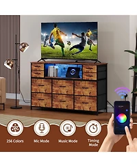 gaomon 10 Drawer Fabric Dresser Tv Stand with Led Lights and Power Outlets, 45"-55" Entertainment Center