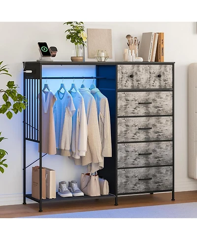 gaomon 6 Drawers Dresser for Bedroom with Hanging Rack, Led Lights and Charging Station