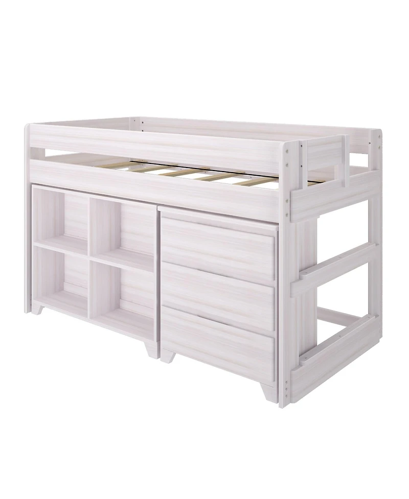 Max & Lily Modern Farmhouse Low Loft Bed, Twin Bed Frame for Kids with 3-Drawer Dresser and 4-Shelf Bookcase