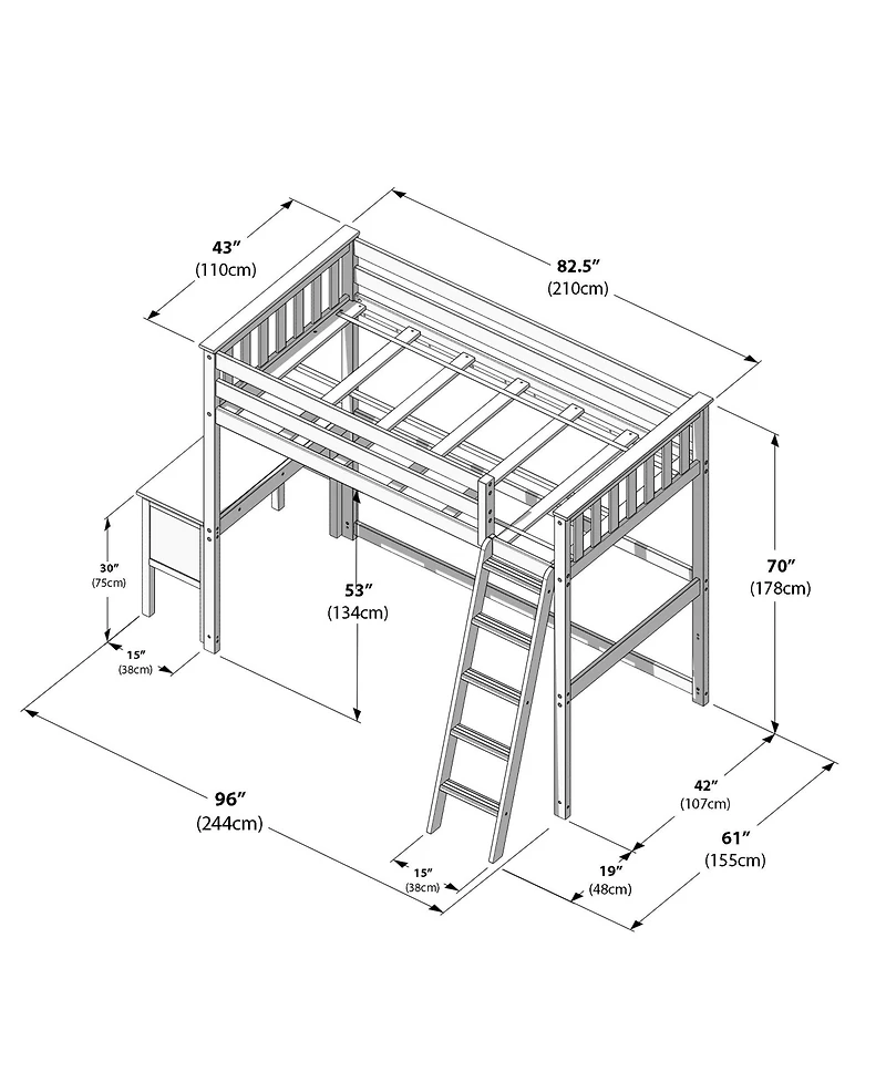 Max & Lily High Loft Bed With Ladder on End and Desk